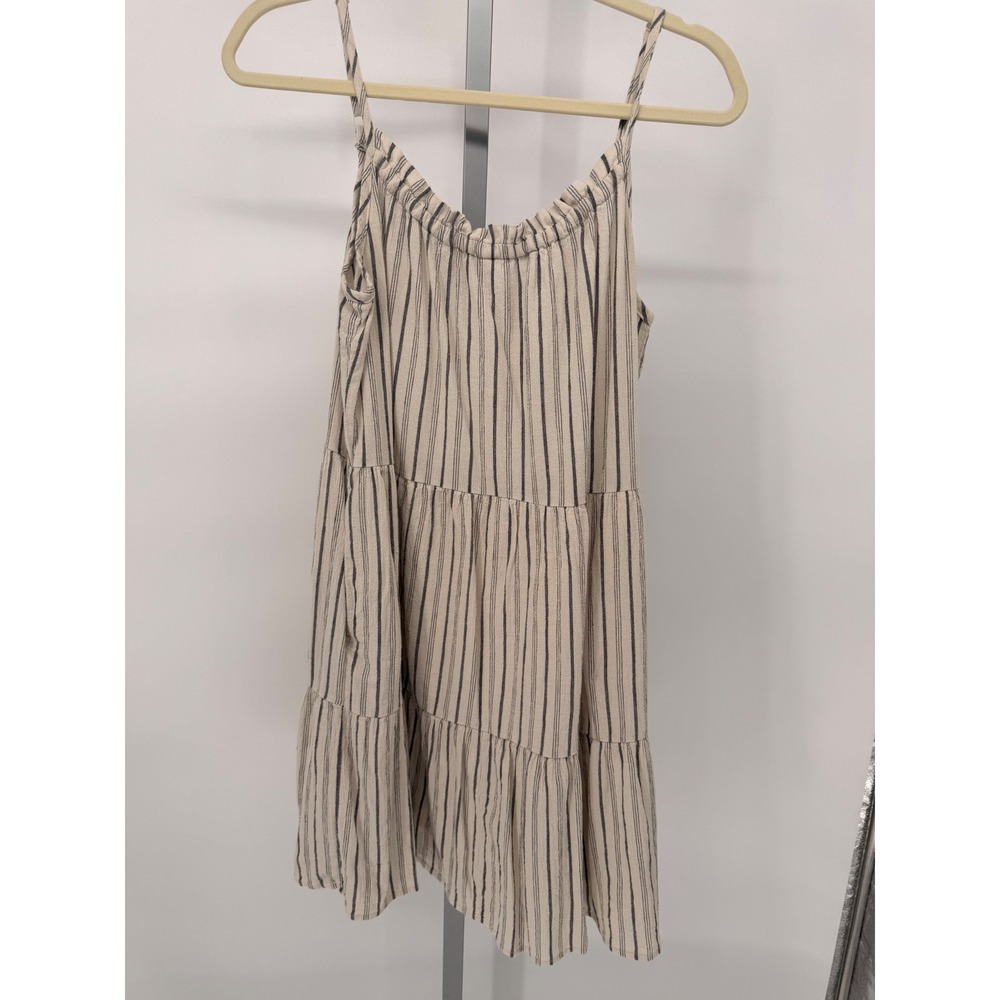 Evereve Womens Striped Tiered Mini Dress Cream Charcoal Cotton Pockets Medium